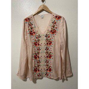 Sundance Women's Floral Embroidered Boho Pale Pink Long Sleeve Blouse Medium